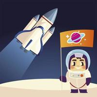 space astronaut with flag and spaceship cartoon vector