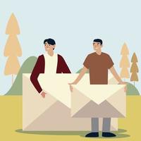 young men with envelope mail message outdoors vector