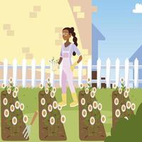 gardening, girl takes care of sunflowers in planting vector