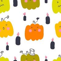 Halloween seamless pattern with pumpkins and black candles vector
