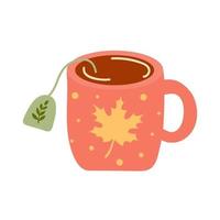 Tea mug with maple leaf pattern in hand drawn style. vector