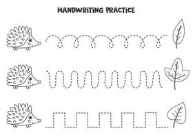 Tracing lines with cute black and white hedgehog. Writing practice. vector