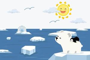 polar bear with little penguin North pole Arctic global warming vector