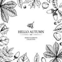 Hand drawn square autumn banner with falling leaves, acorn and berries. Vector illustration in sketch style isolated on white. Realistic botanical frame. Space for text