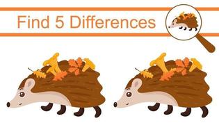 Cartoon hedgehog. Find 5 differences. Educational game for children. vector