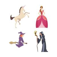 personajes de cuento de hadas reina mago fantasía mascota reino niños niñas animales dibujos animados imágenes vector