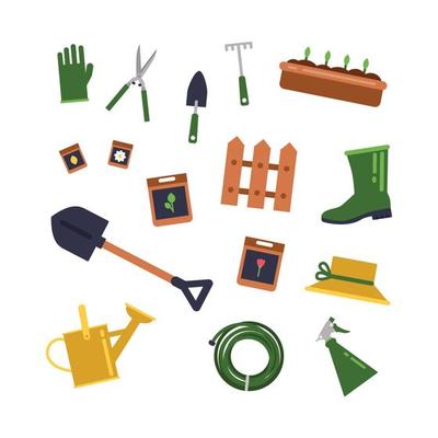 Flat gardening icons stickers set illustration collection tools