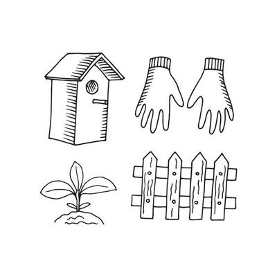 Gardening doodle icons card templates set illustration growing harvest garden safety gloves stepladder