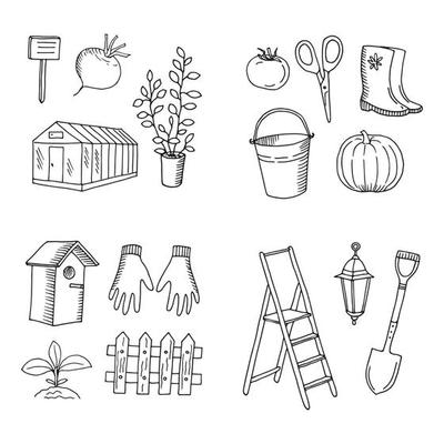 Gardening doodle icons card templates set illustration growing harvest garden safety gloves stepladder