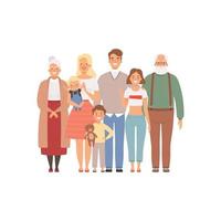 familia feliz, madre, padre, niños, abuelos, parados juntos, gran familia, retrato vector