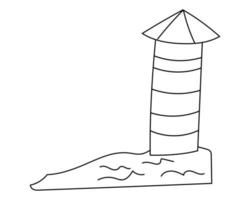 A hand-drawn sea lighthouse. The lighthouse is isolated with a black outline on a white background. The icon of the sea lighthouse vector