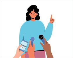 a woman speaks to journalists. A girl gives an interview, a hand with a dictaphone. Answer the question into the microphone. Hands with microphones, journalists vector