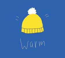 A warm hat hand-drawn in the style of a doodle. Cute yellow hat with a fluffy pompom vector