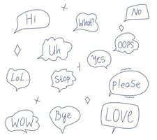 Handwritten words in the clouds. Phrases love, lol, no, hi. A set of hand-drawn phrases vector