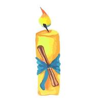 decorative burning candle with blue bow and cinnamon stick. The flame of Christmas candle with ribbon and bow vector