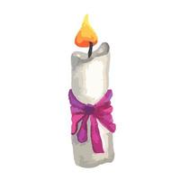 one white burning wax candle, made of paraffin with purple bow. flame of Christmas candle with bow and ribbon for New Year. Watercolor illustration