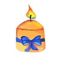 one small yellow burning wax candle made of paraffin with blue bow. flame of Christmas candle with ribbon for New Year. Watercolor illustration
