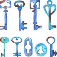 watercolor set of old rusty keys, hand-drawn on white background. Vintage elements. Blue keys vector