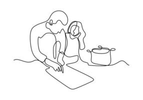 People cooking one line drawing continuous design. vector