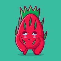 Linda mascota de la fruta del dragón con gesto triste ilustración aislada en estilo plano vector