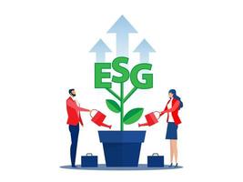 ESG or ecology problem concept, Two peoplewatering seedling growth invest concept vector illustrator