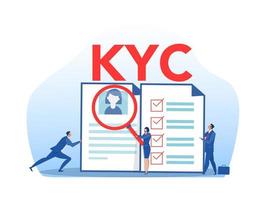 kyc o conozca a su cliente con el negocio verificando la identidad del concepto de sus clientes en los futuros socios a través de un ilustrador de vectores de lupa