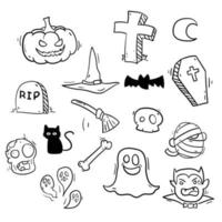 colección de dibujos de doodle de monstruos de halloween como jack o'lantern, fantasma, bruja y más. vector