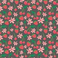 Summer seamless pattern with fruits, berries and blossom. Sweet cartoon background for textile, fabric, decorative paper. Vector