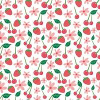 Strawberry flowers cherry seamless vector pattern. Repeating background with summer fruit. Use for fabric, gift wrap, packaging.