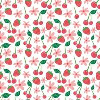 Strawberry flowers cherry seamless vector pattern. Repeating background with summer fruit. Use for fabric, gift wrap, packaging.