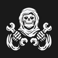 Skull holding the wrench Skeleton repairman Vintage logo vector illustration