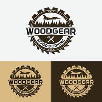 Woodworking Saw Blade and Gear with Forest Tools Plane for Woodworker Carpenter Handicrafter Artisan Craftsman Merchant Business Brand Company in Vintage Retro Hipster Old Style Logo Design Template vector