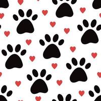 Patrón transparente de vector de pata de perro con corazones. Lindo fondo de papel tapiz de San Valentín para tienda de mascotas, veterinario, productos para paquete de mascotas. gatito, gato, perro, pata, silueta, ornamento, blanco