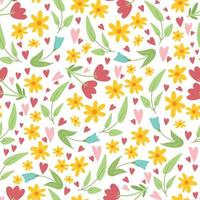 Seamless pattern background with spring floral elements in simple flat hand drawn style. Vector wallpaper on white background. Flowers, leaves, hearts. Easter, 8 march wallpaper design. textile design