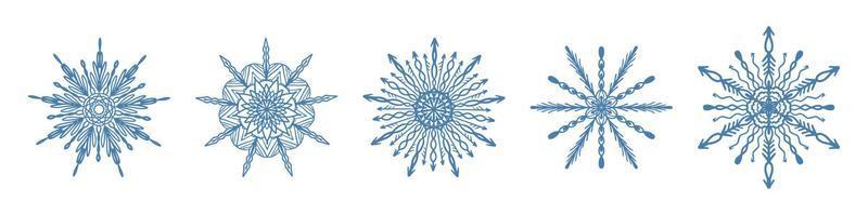 Set of hand drawn blue snowflake icon isolated on white background. Winter design element snow flake frost crystal vector illustration collection.