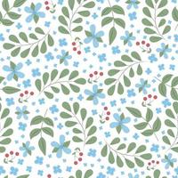 spring floral seamless pattern with forget me not blue flowers and leaves, red berries on white. Cute season natural background for springtime holidays, Easter. Fabric textile print vector