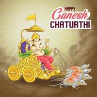 Ganesh Chaturthi wishes with Ganesh on golden chariot pulled by mouse vector