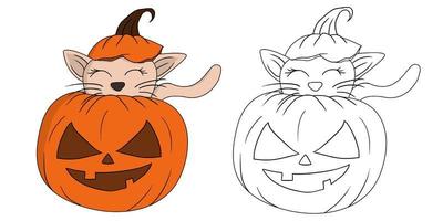 A cute pink cat inside a scary pumpkin illustration, Halloween symbol vector illustration isolated in a white background