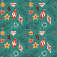 Christmas tree toys with spruce branches in flat style on green background, vector seamless pattern