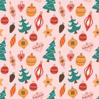 Colorful Christmas tree toys on pink background, vector seamless pattern in flat style