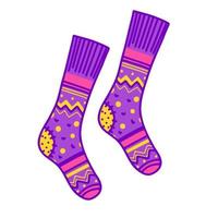 Bright purple knitted socks. Clothes for autumn and winter. Home comfort. vector