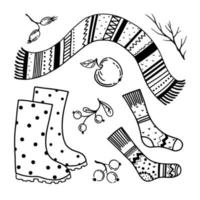 Cozy autumn elements. Forest berries and leaves. Rubber boots. Circuit. Black and white element. vector