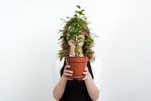 Girl holds a pot with a flowerpot. photo