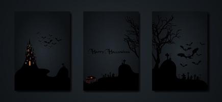 Halloween party, set cards spooky dark background, silhouettes of characters and scary bats with gothic haunted castle, horror theme concept, scary pumpkin and dark graveyard, vector templates