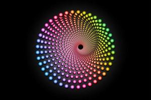 Círculo de puntos de semitono colorido 3d, plantilla de logotipo redondo de patrón espiral, marco punteado de vector. elemento de diseño de mandala de color degradado de espectro aislado sobre fondo negro vector