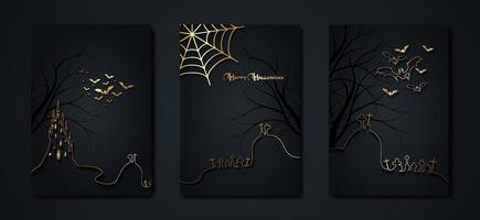 Halloween party, set gold cards spooky dark background, silhouettes of characters and scary bats with gothic haunted castle, horror theme concept, scary pumpkin and dark graveyard, vector templates