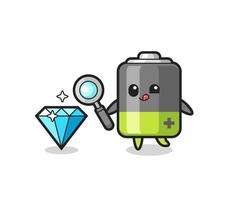 battery mascot is checking the authenticity of a diamond vector