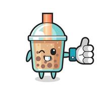 cute bubble tea with social media thumbs up symbol vector