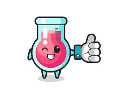 lindo vaso de laboratorio con símbolo de pulgar hacia arriba en las redes sociales vector