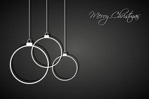 Three white Christmas balls on black background. Holiday greeting card with merry Christmas sign. Vector illustration